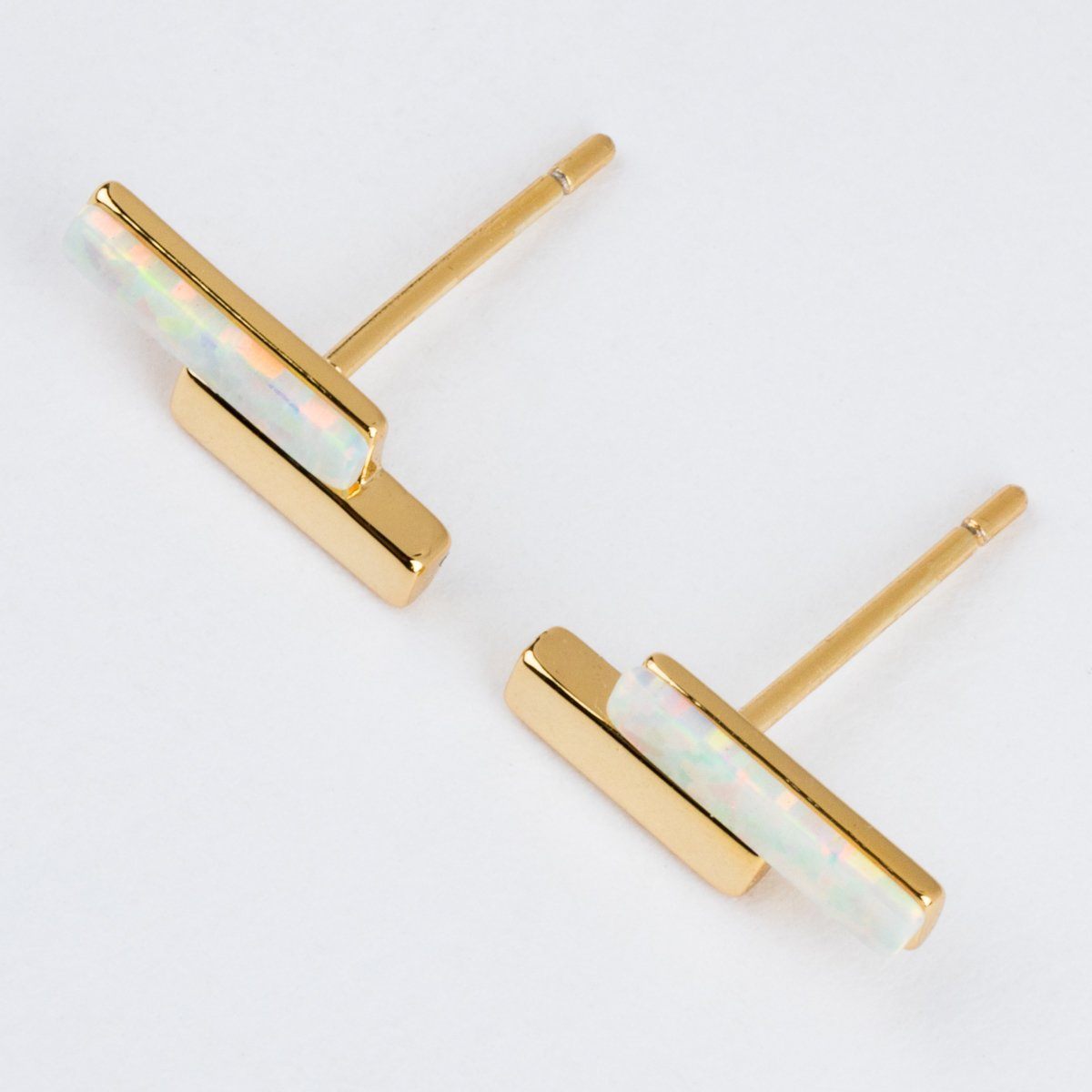 Local Eclectic Gold Mod Bar Gem Stud Earrings with Opal 