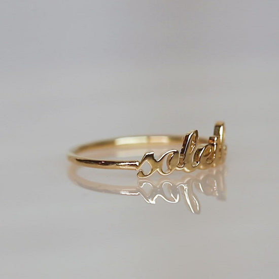 "Say My Name" 14K Custom Cursive Letter Ring fine solid yellow gold jewelry charlie and marcelle dainty